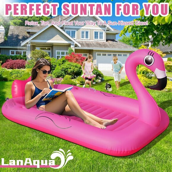 Flamingo Inflatable Tanning Pool Lounger Float, 2025 Large Pink Sunbathing Pool - Picture 4 of 8